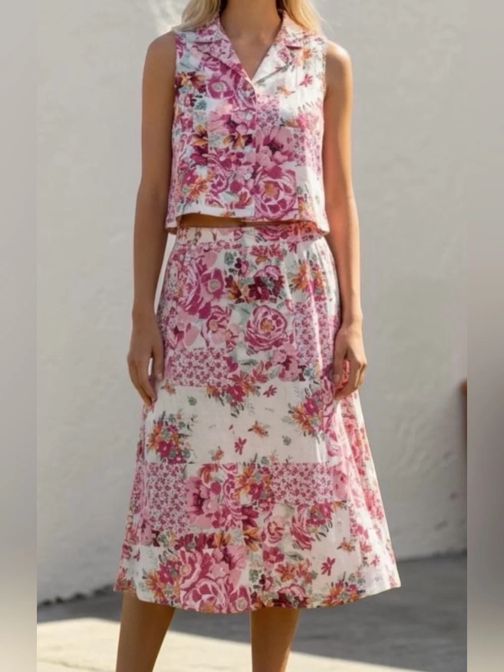 Haute Hippie Linen Floral Patchwork Matching Set Size Medium EUC
